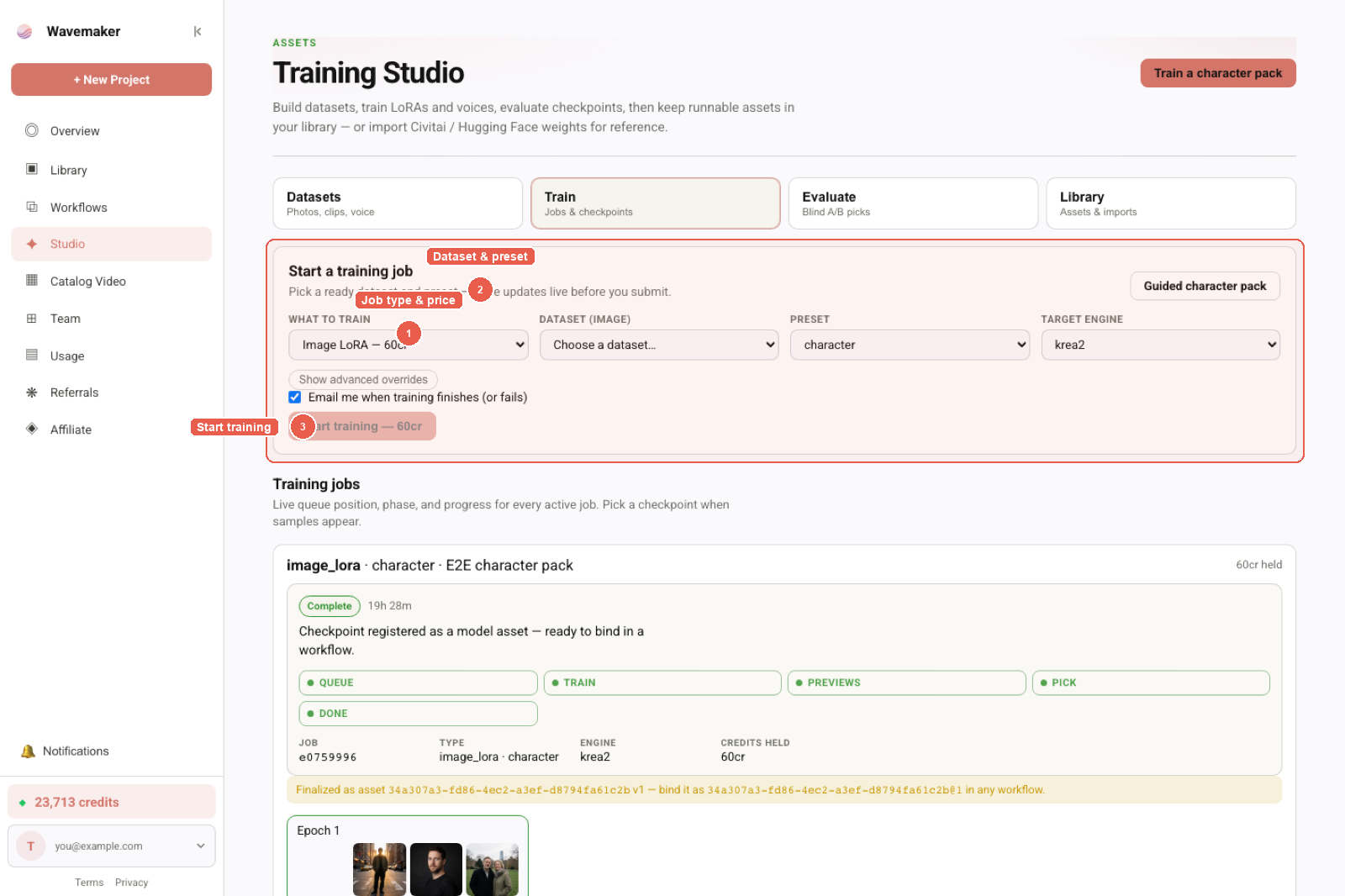 Training Studio Train tab checkpoint grids for epoch comparison