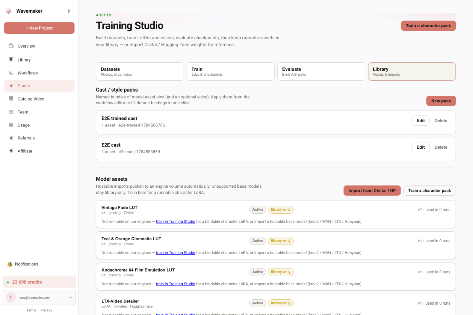 Asset library with trained voices and LoRAs ready to bind