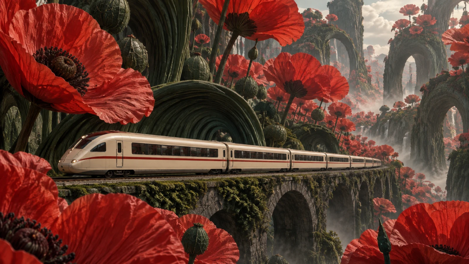 An ivory train winding through giant crimson poppies and dark sculptural foliage