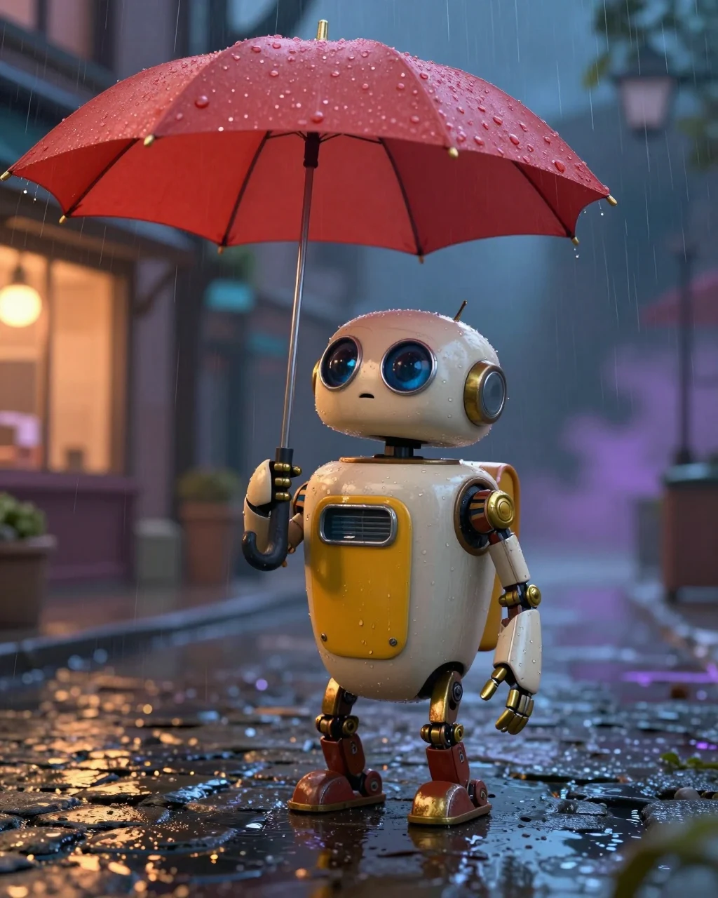 Milo, an ivory delivery robot, under a coral umbrella in a rain-soaked city lane